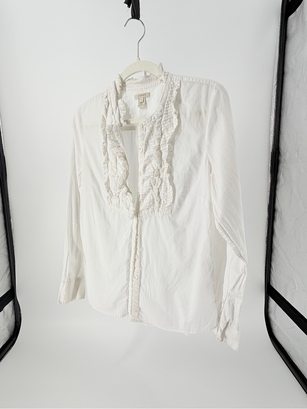 J.CREW White Ruffle Front Collared Button-Down Long Sleeve Blouse 4 Cottage Core - Picture 4 of 4